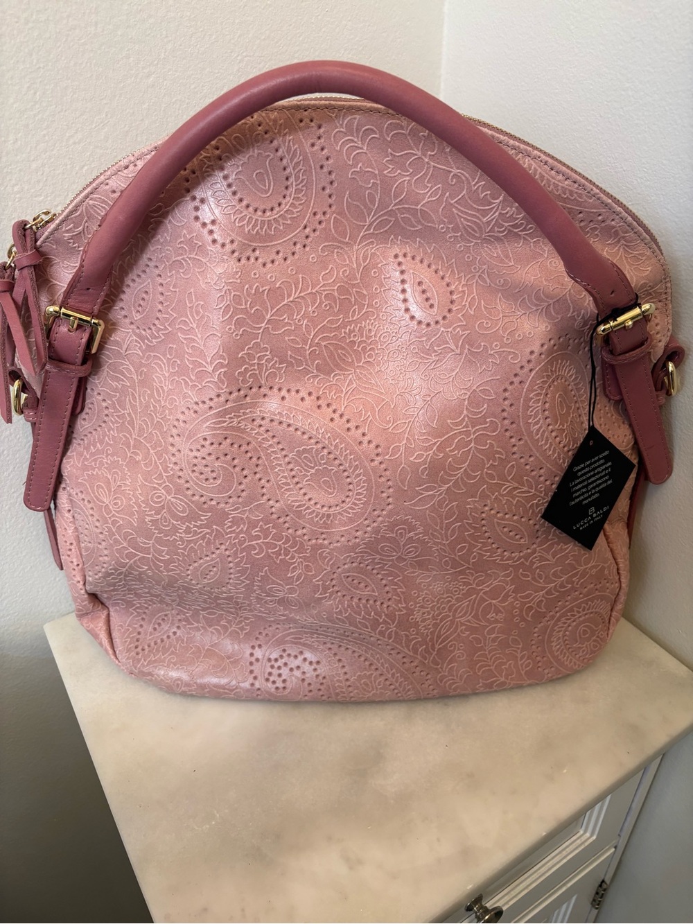 Lucca Baldi Pink Tooled Genuine Leather Satchel Crossbody Bag Made in Italy NWT